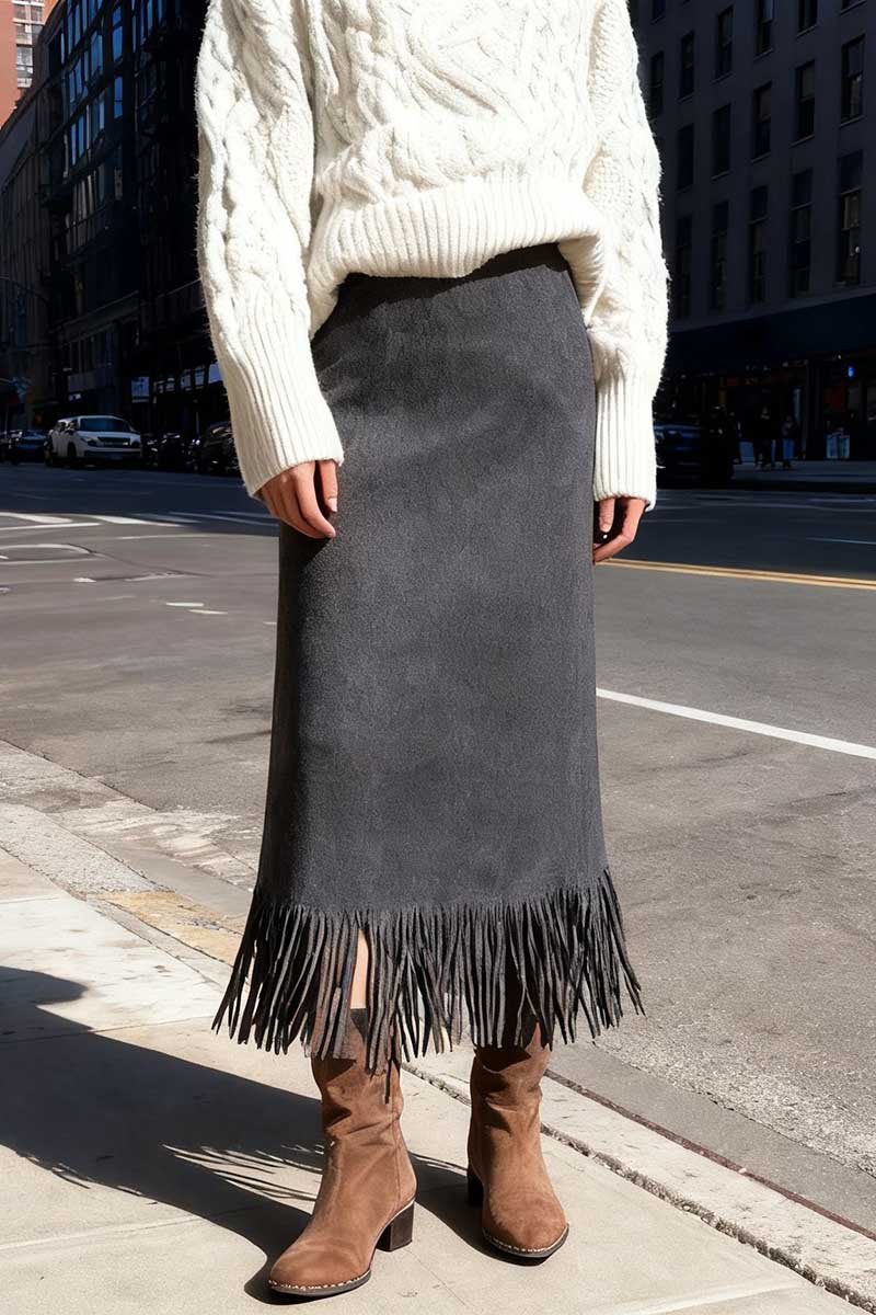 Fringe Hem Suede Look Midi Skirt