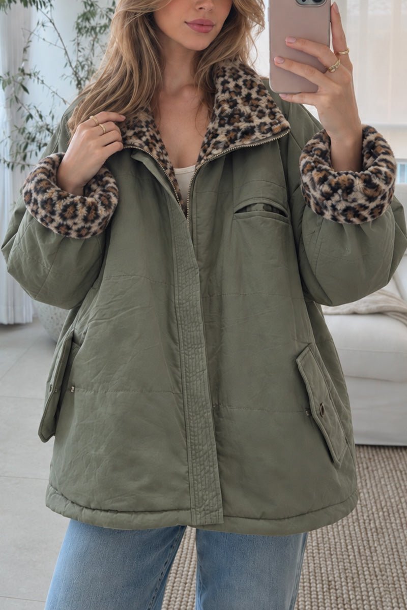 Leopard Plush Collar Zip Up Jacket