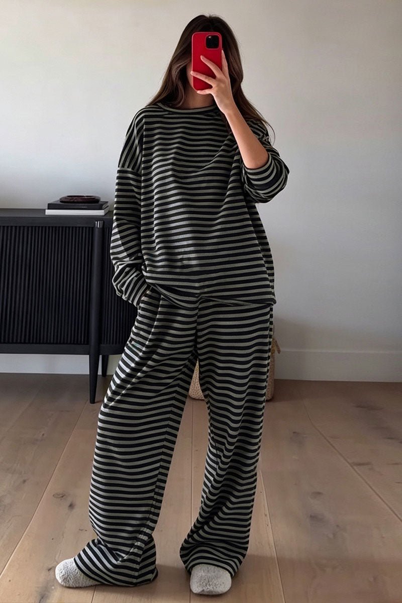 Striped Long Sleeve Drawstring Pants Set
