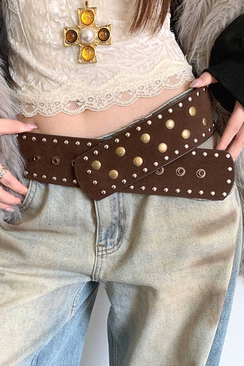 Studded Faux Suede Wide Waist Belt