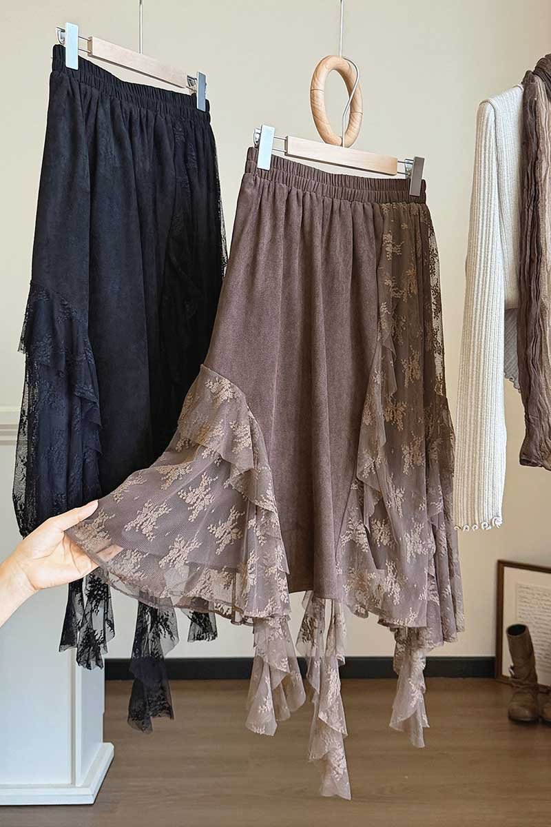 Floral Lace Ruffle Hem Midi Skirt