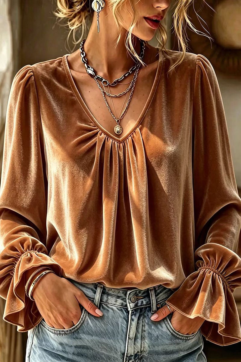 Ruched V-Neck Bell Sleeve Blouse