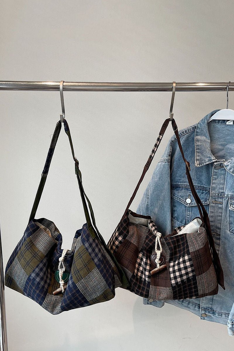 Plaid Patchwork Drawstring Shoulder Bag