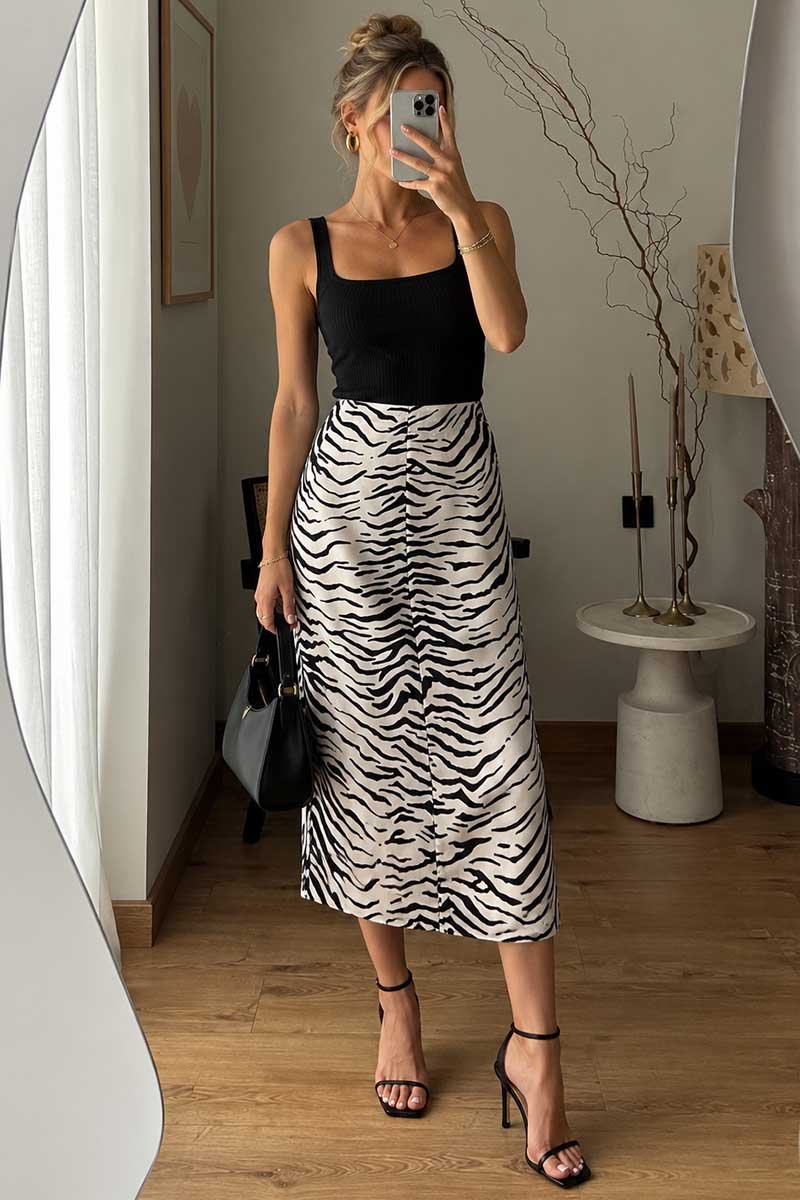 Zebra Print A-Line Midi Skirt