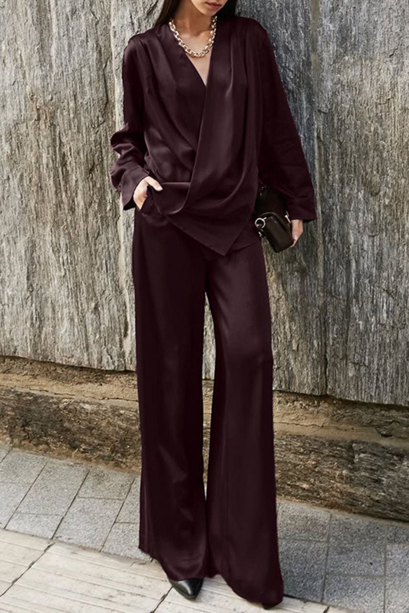 Satin draped V-Neck Wide Leg Pants Set