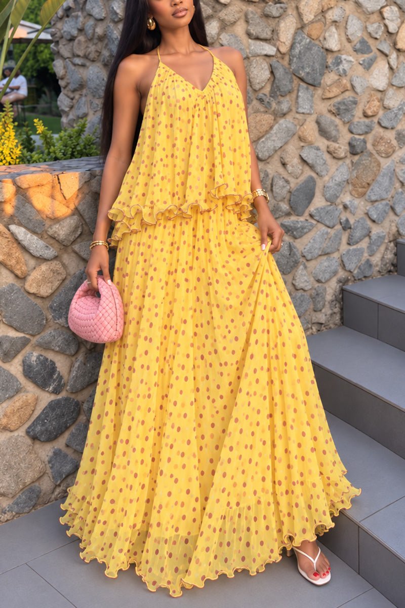 Polka Dot Halter Ruffle Maxi Skirt Set
