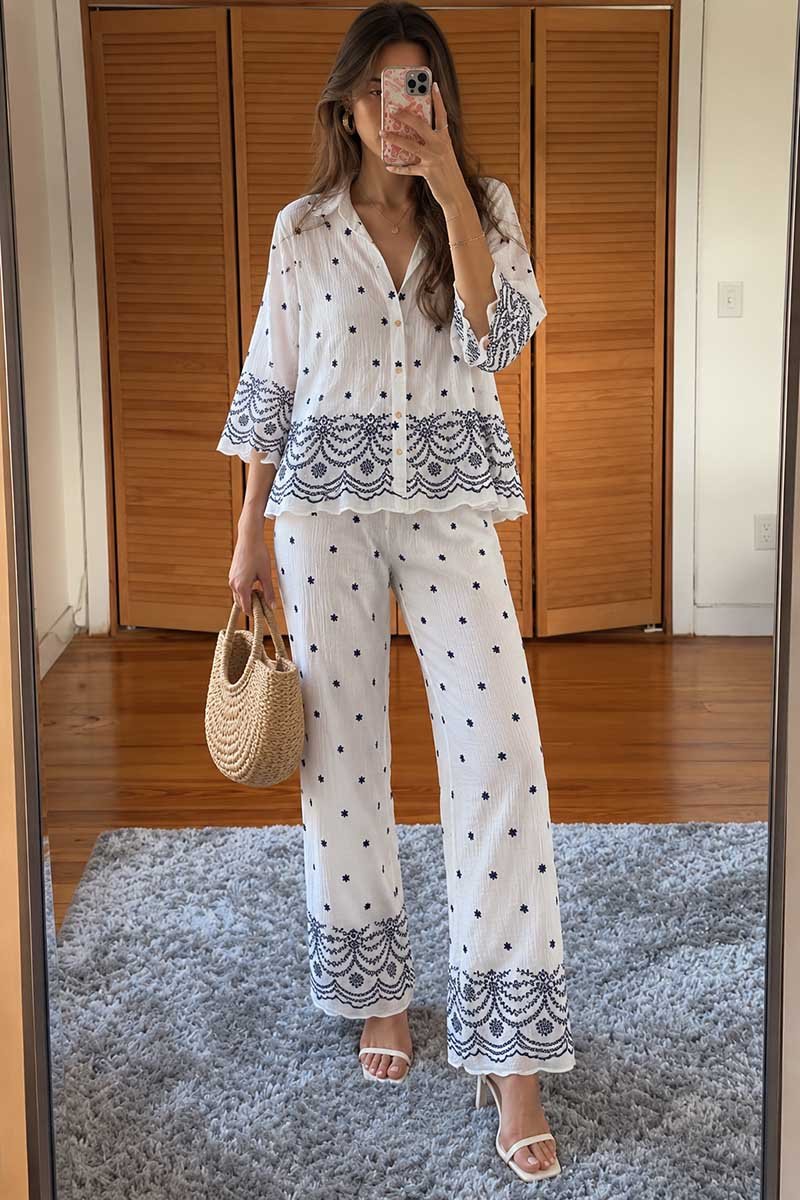 Boho Collar Button-Up Pants Set