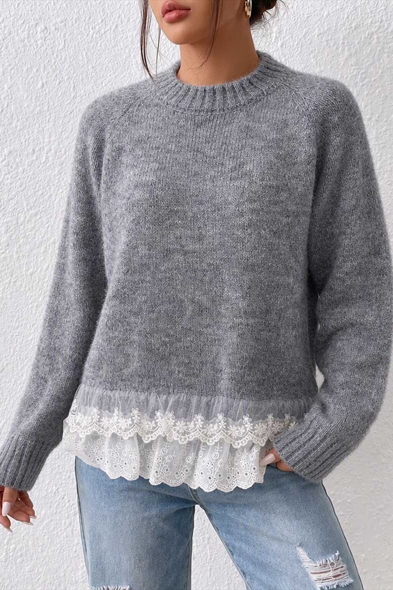 Lace Hem Ruffle Crew Neck Sweater