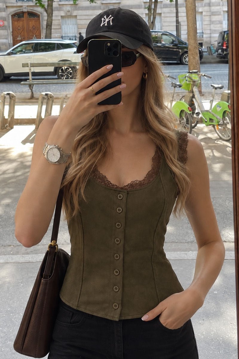 Lace Trim Button Front Corset Tank