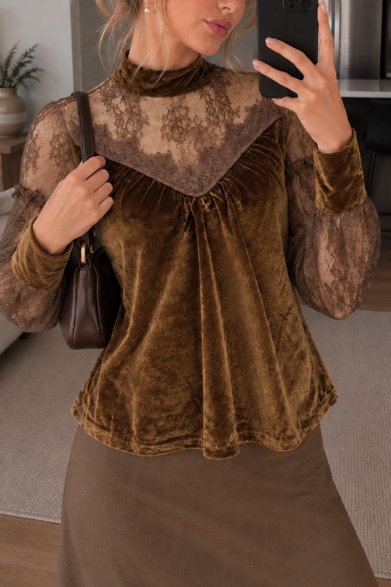 Velvet Mock Neck Lace Puff Sleeve Blouse