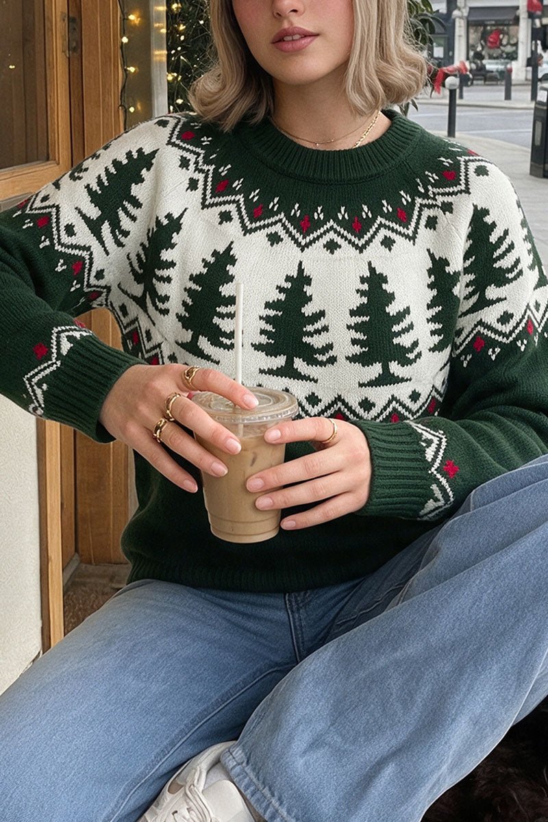 Fair Isle Tree Motif Crew Neck Sweater