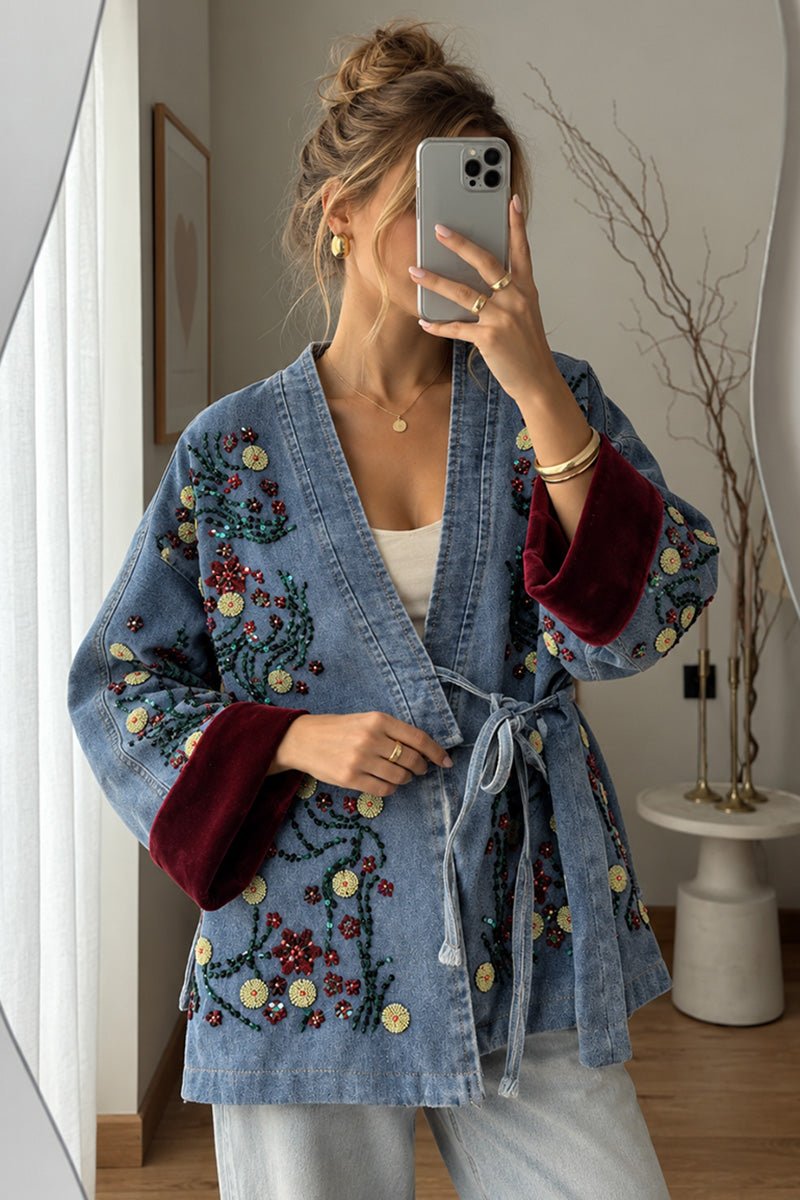 Sequin Floral Wrap Denim Jacket