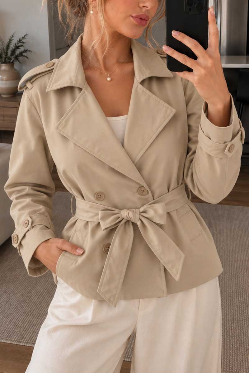Notched Collar Belted Long Sleeve Jacket