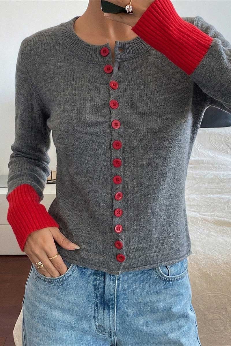 Contrast Cuff Button Front Knit Cardigan