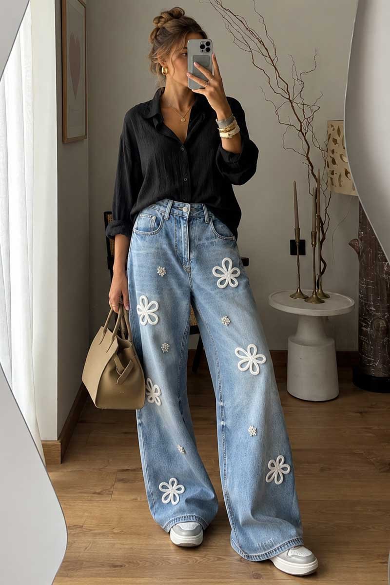 Floral Embellished High-Waist Baggy Jeans