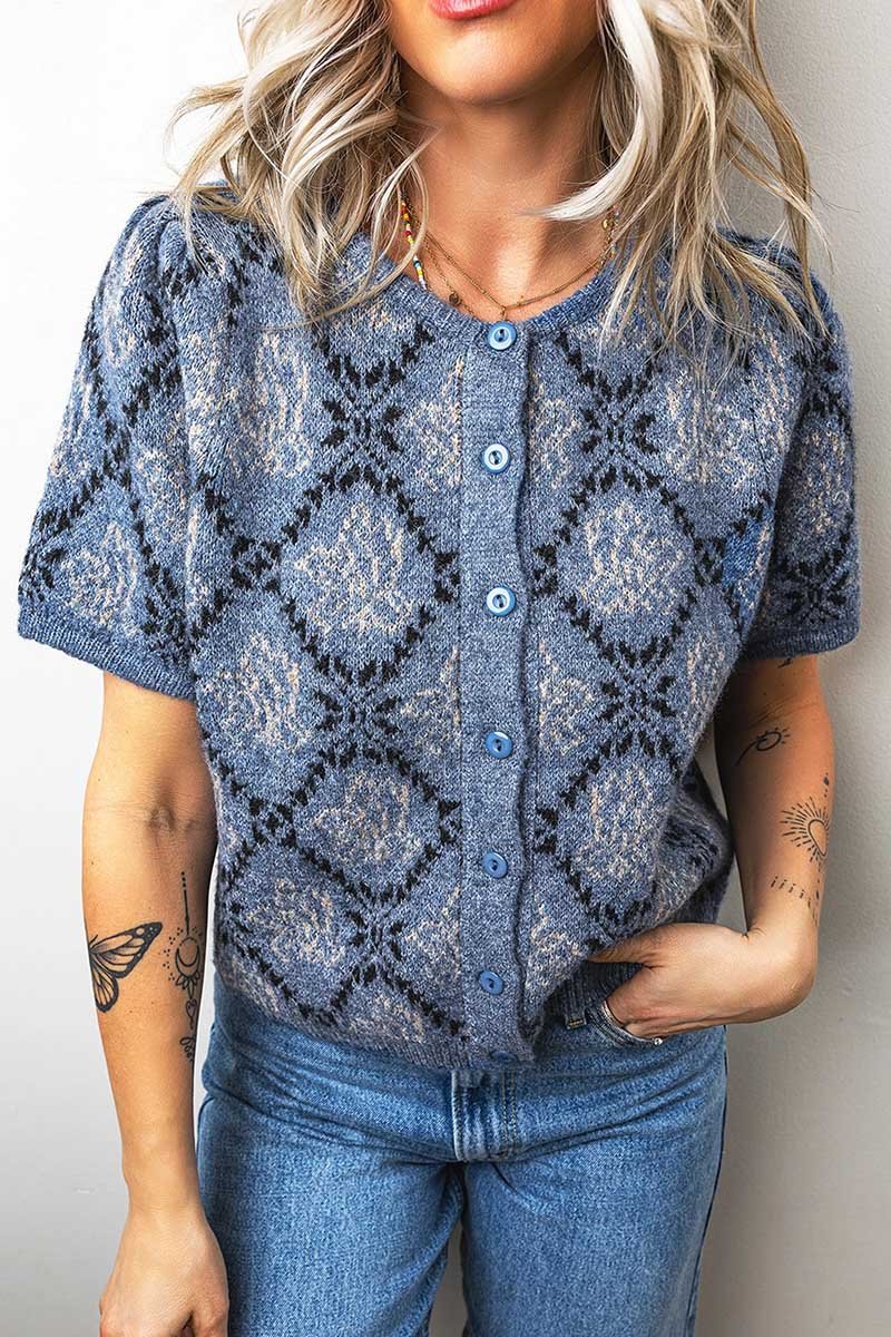 Fair Isle Knit Short Sleeve Cardigan