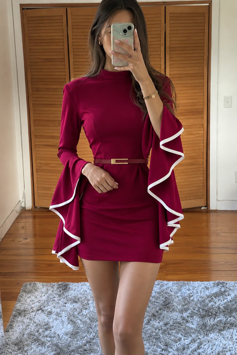 Mock Neck Bell Sleeve Belted Casual Dress