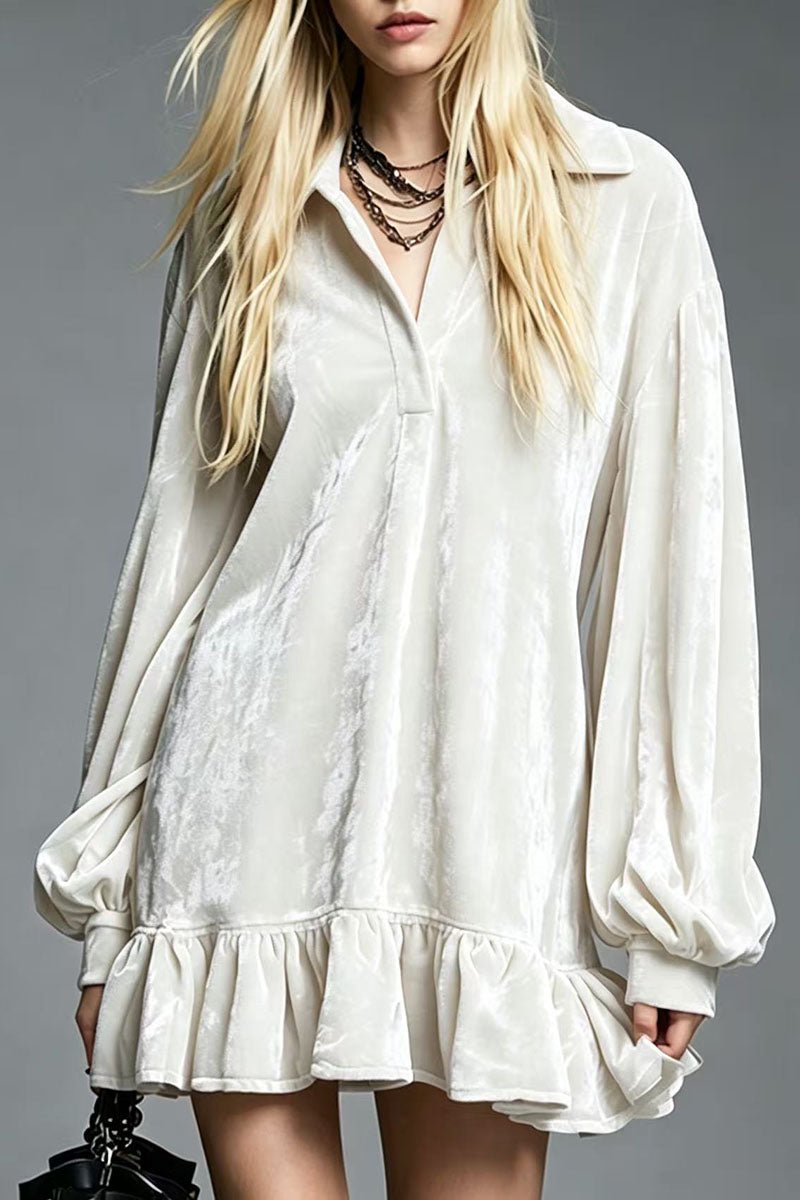 Velvet Collar Puff Sleeve Ruffle Mini Dress