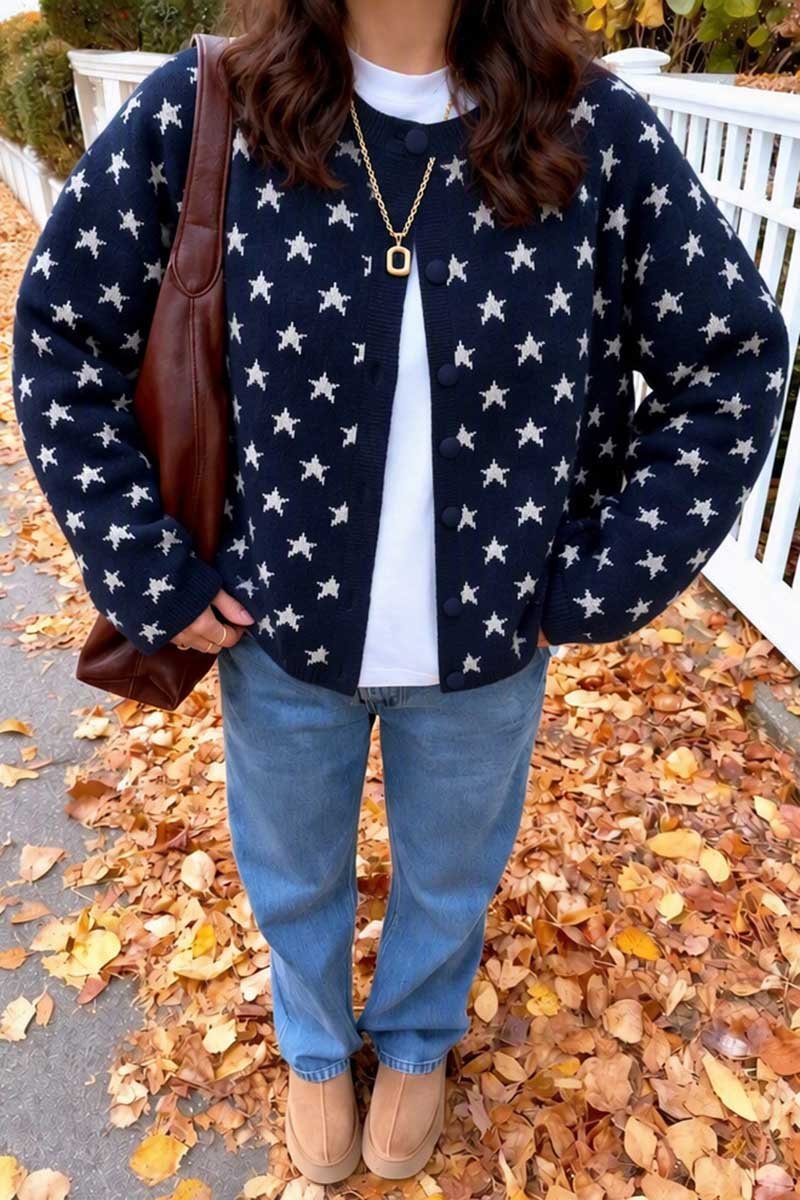 Star Pattern Knit Crew Neck Cardigan