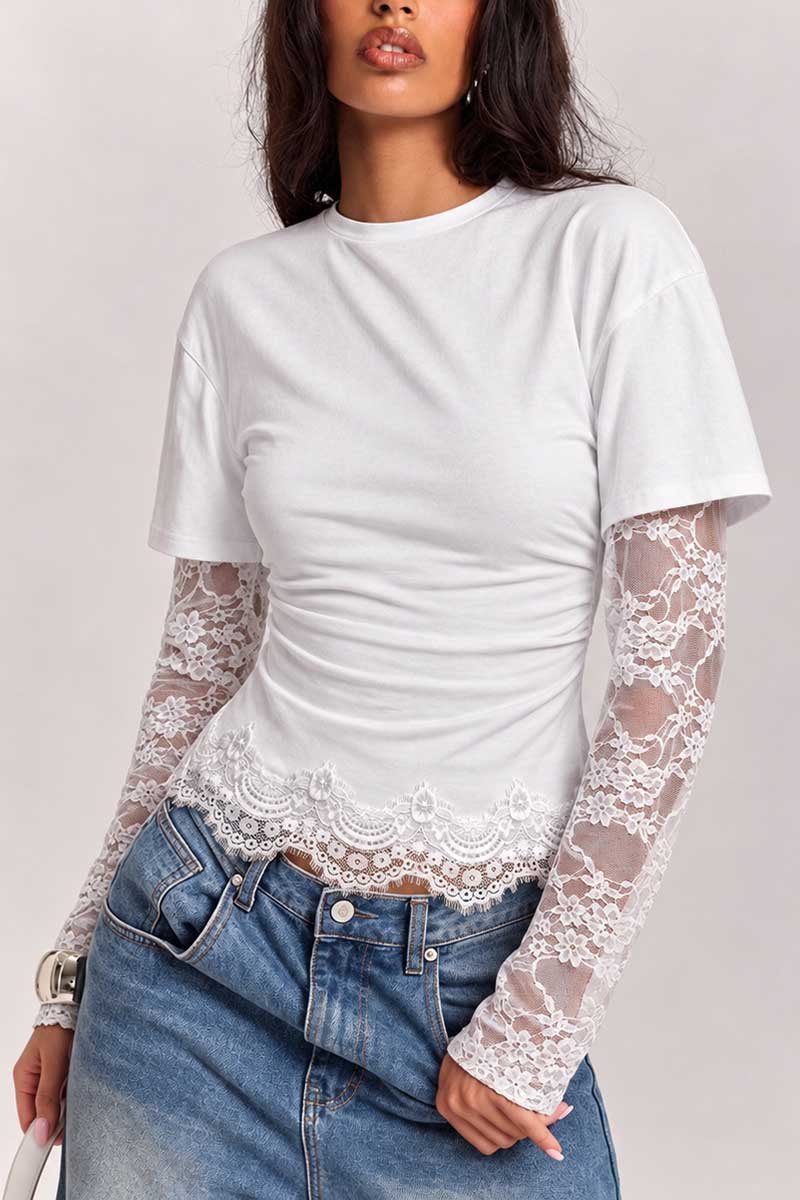Sheer Lace Sleeve Ruched Crew Neck T-Shirt