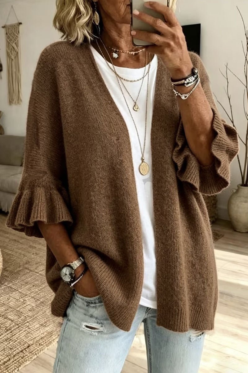 Open Front Bell Sleeve Ribbed Knit Cardigan