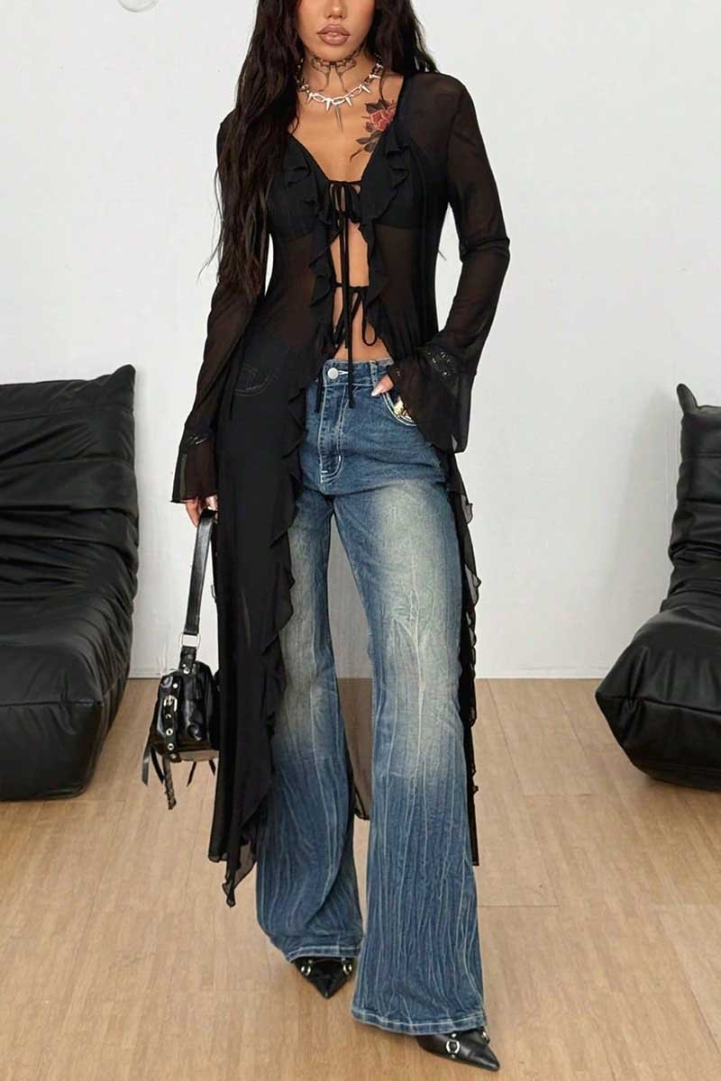Sheer Lace Bell Sleeve Tie Front Blouse