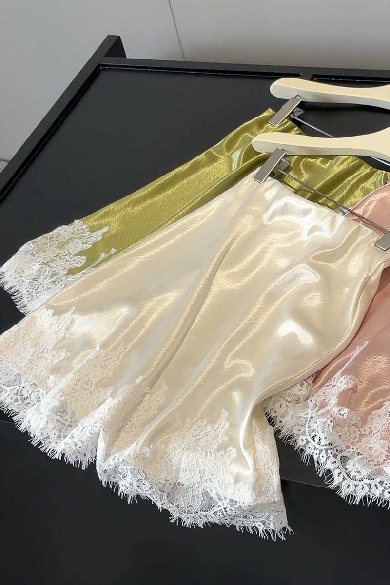 Satin Lace Trim A-Line Midi Skirt