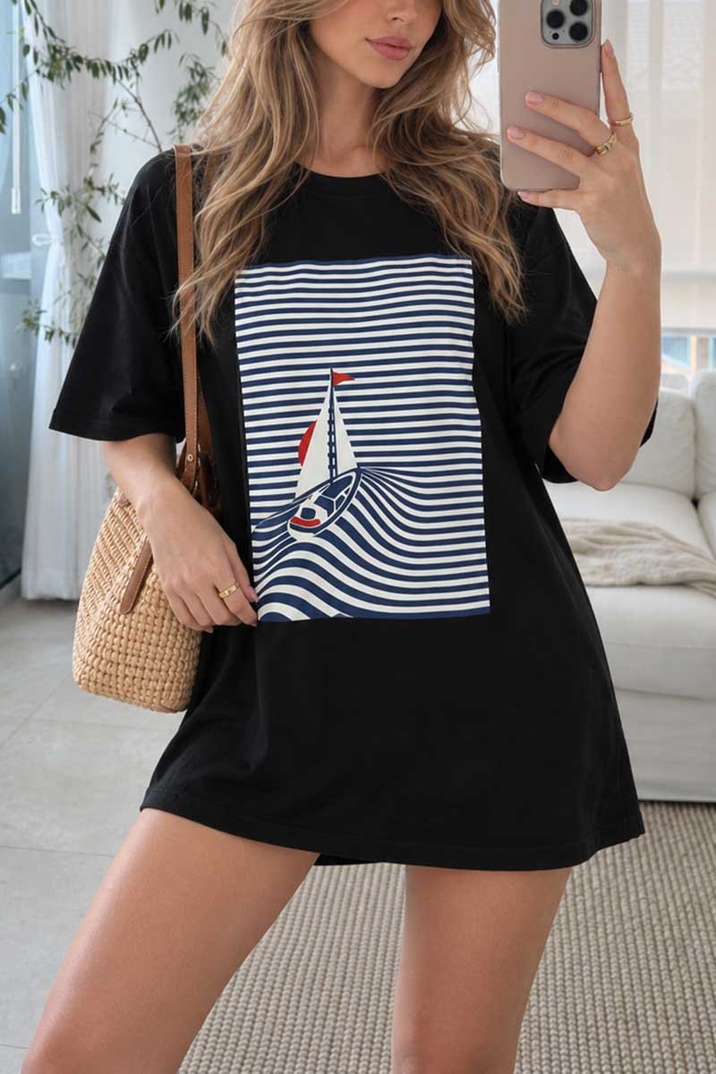 Sailboat Graphic Crew Neck Short Sleeve T-Shirt