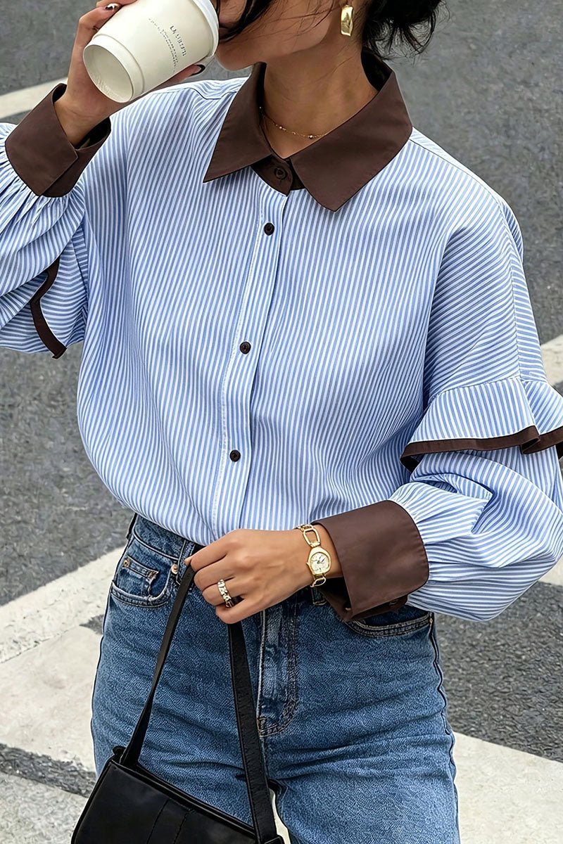Striped Contrast Collar Ruffle Sleeve Shirt