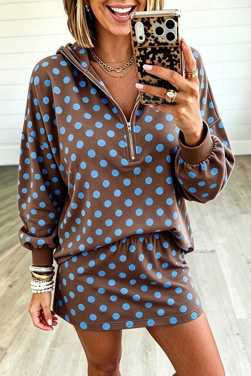 Polka Dot Zip Neck Puff Sleeve Skirt Set