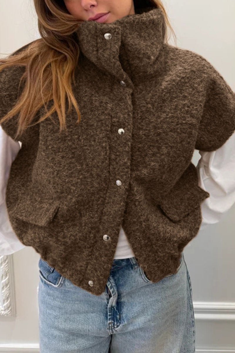 High Collar Snap Button Fuzzy Vest