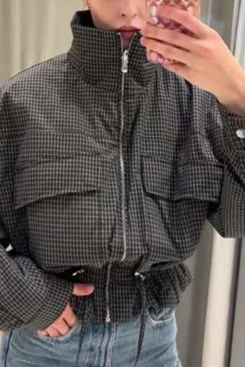 Plaid High-Collar Zip Front Crop Jacket