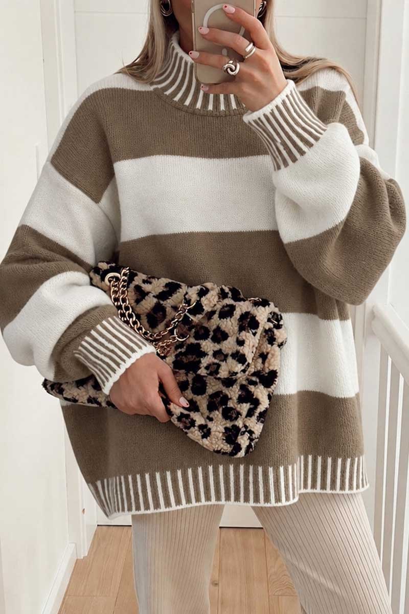 Striped Mock Neck Ribbed Cuff Sweater