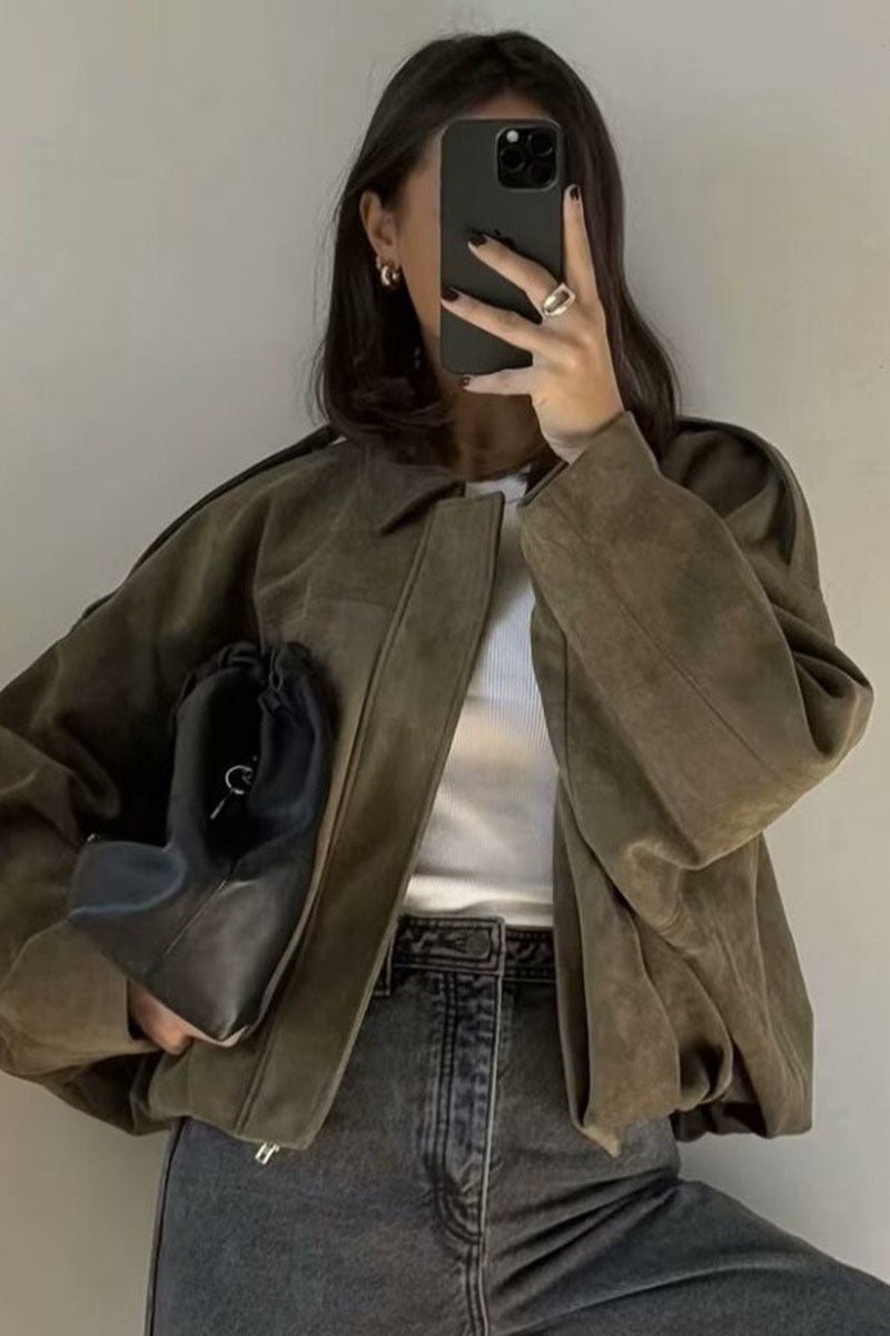 Suede Collared Button Front Jacket