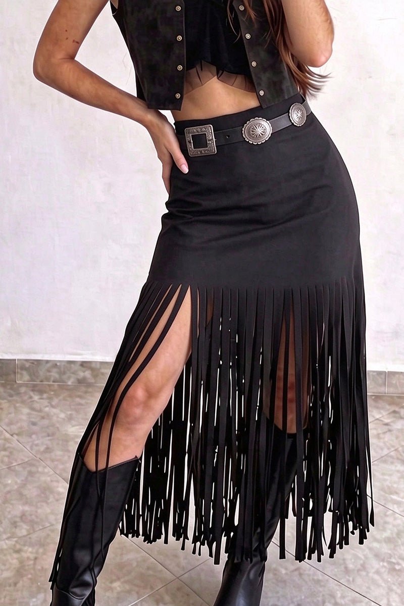 High-Waist Fringe Slit Midi Skirt