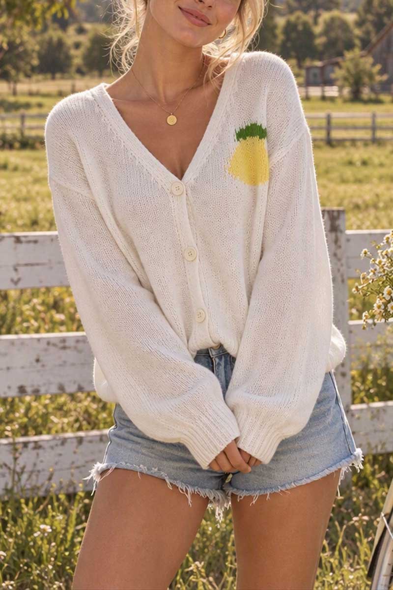 Pineapple Graphic V-Neck Button Front Cardigan