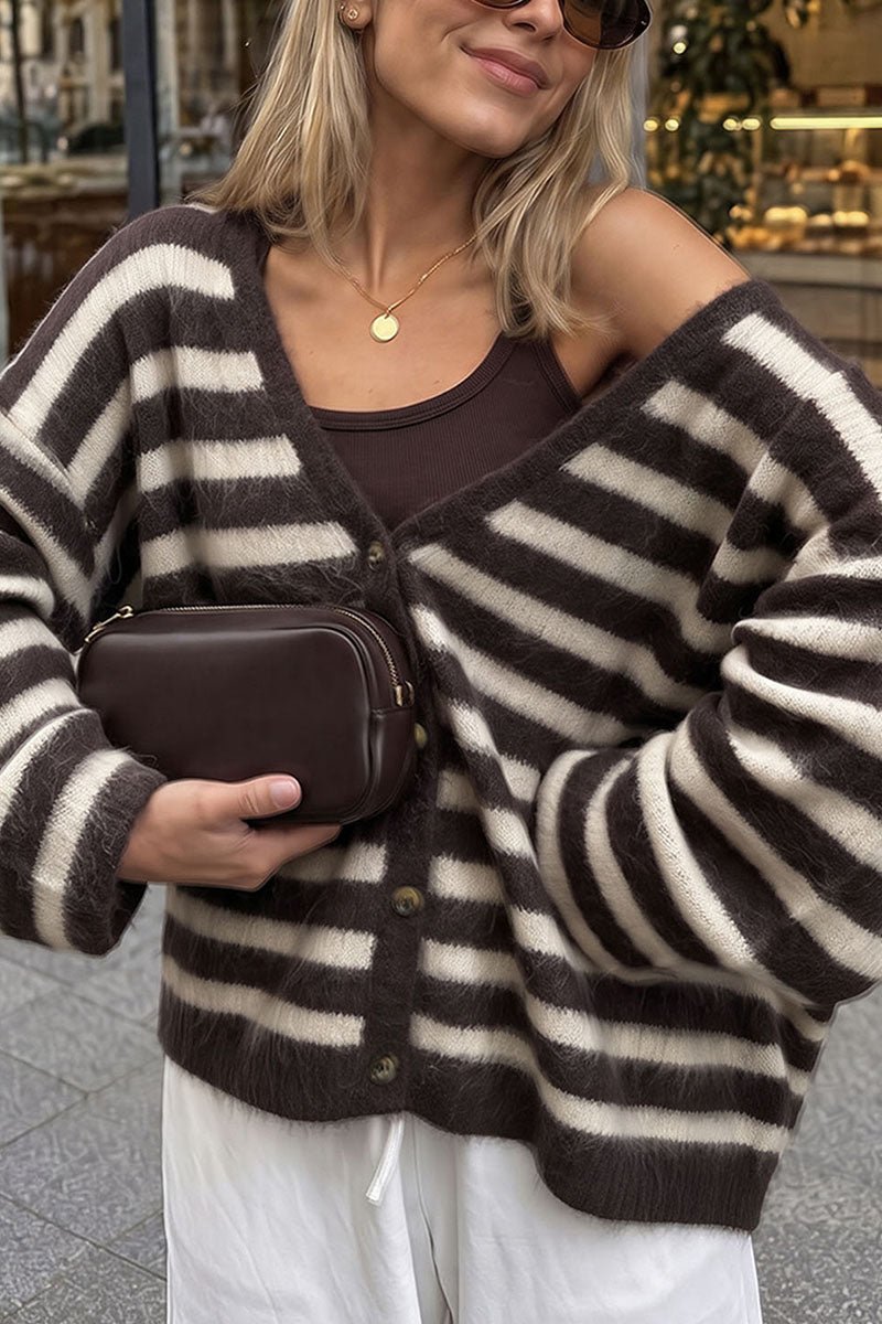 Striped fuzzy knit button front cardigan