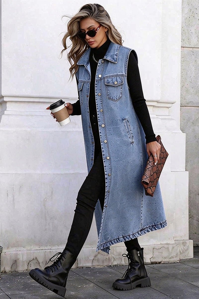 Sleeveless Button Front Denim Maxi Vest