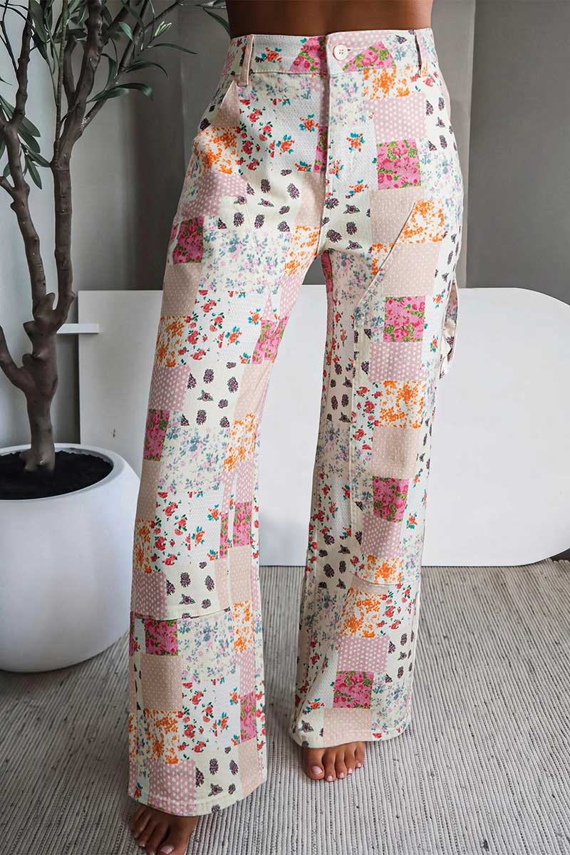 Patchwork Floral High-Waist Baggy Jeans