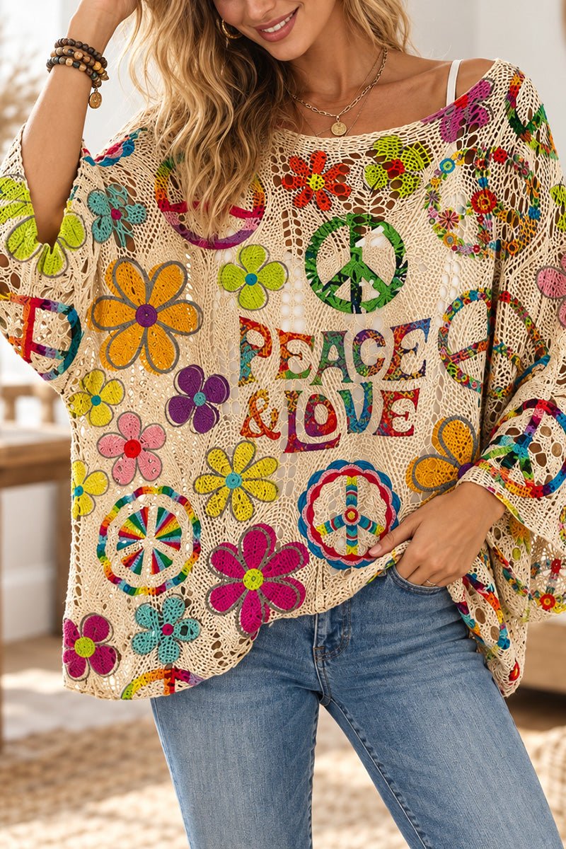 Floral Peace Sign Crochet Knit Sweater