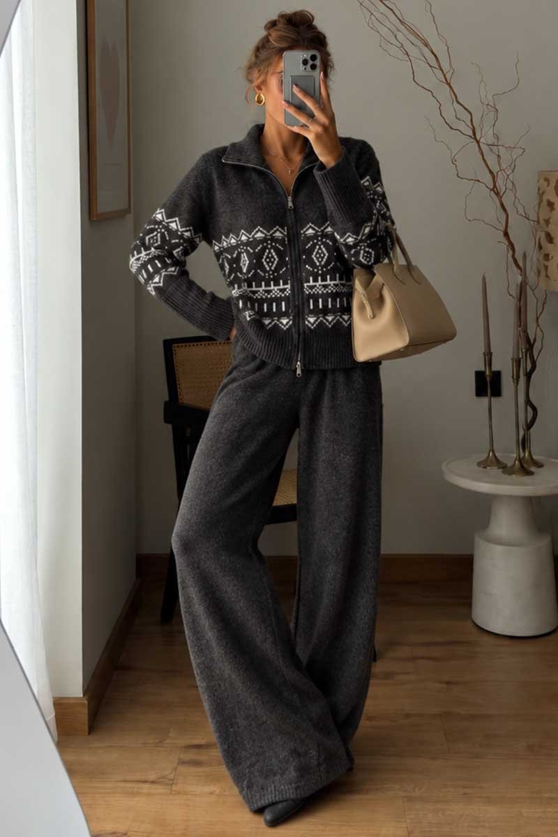 Fair Isle Zip Knit Top and Pants Set