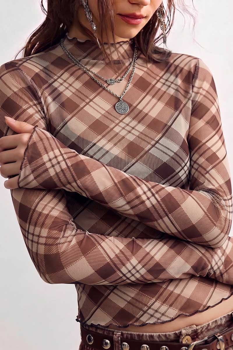 Plaid Mock Neck Sheer Long Sleeve Top