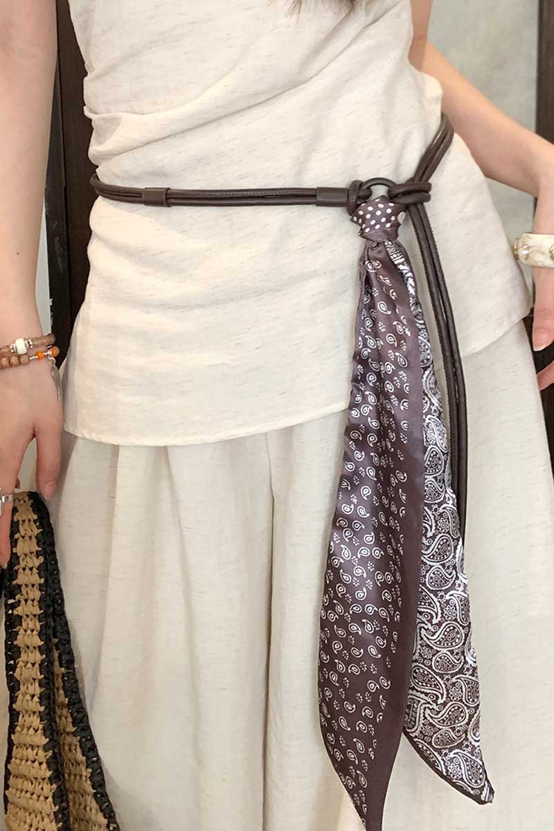 Paisley Print Skinny Belt with Tie Detail