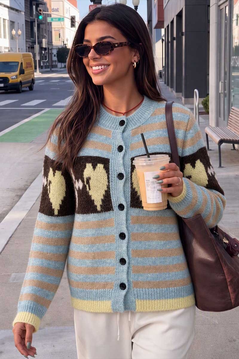 Striped Heart Intarsia Button Front Cardigan