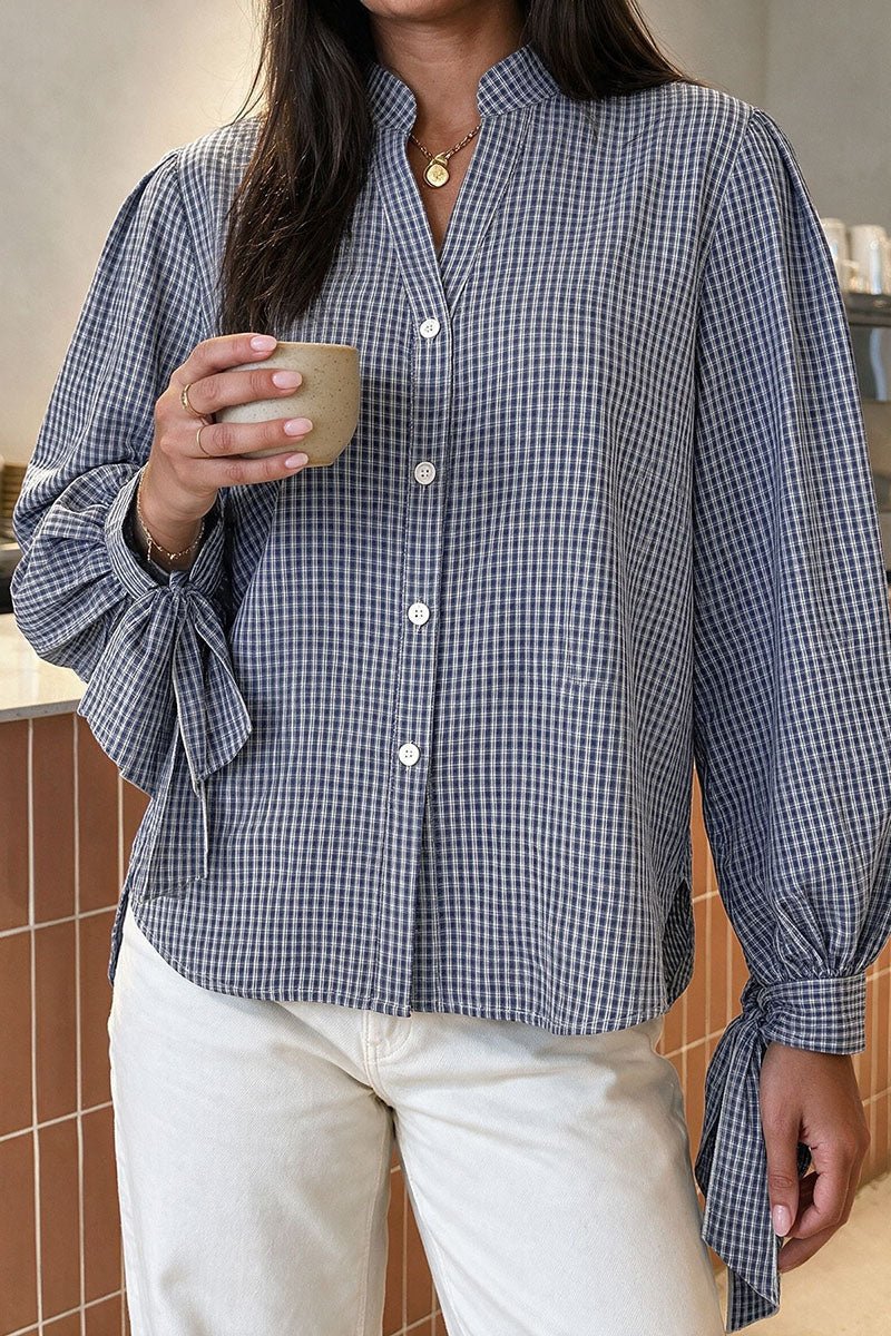 Plaid Puff Sleeve Tie Cuff Button Down Shirt