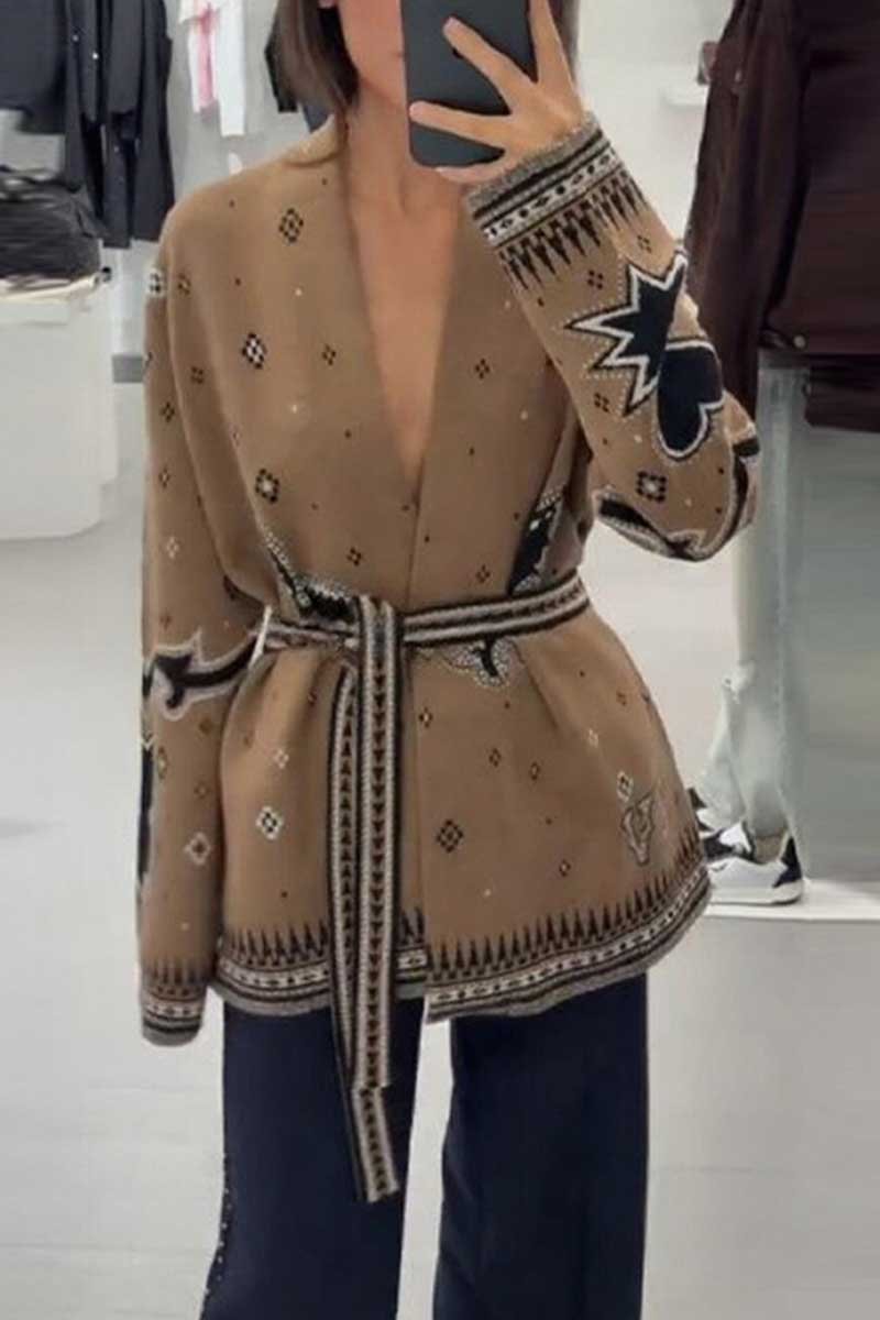Geometric Print Wrap Tie Waist Cardigan