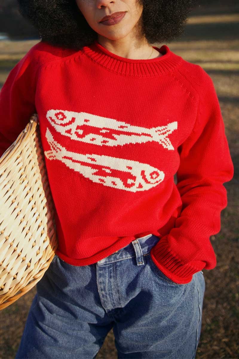 Fish Graphic Crew Neck Knit Sweater