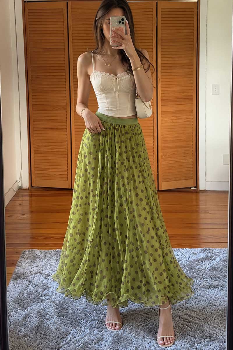 Sheer Polka Dot Pleated Midi Skirt
