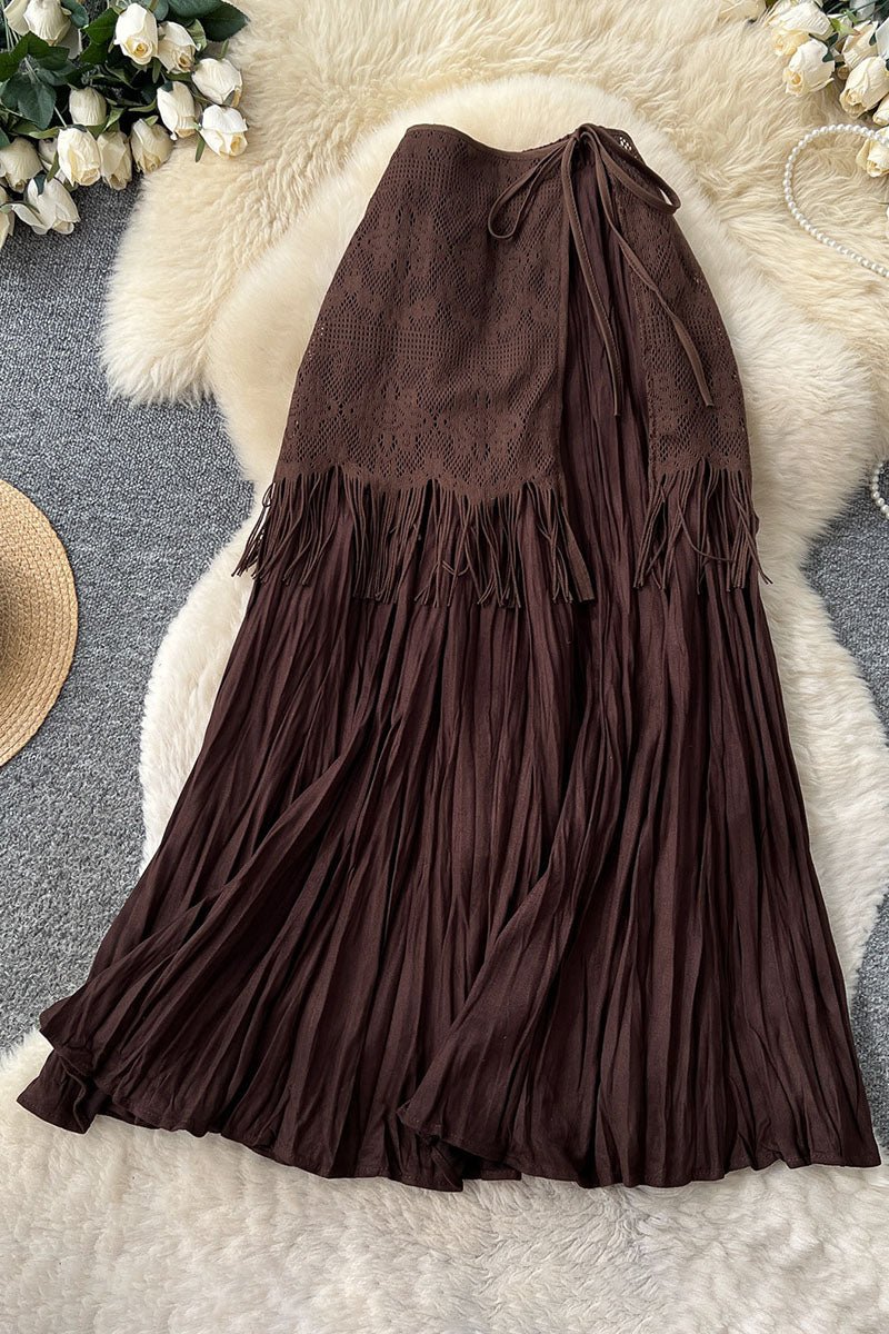 Crochet Fringe Drawstring Pleated Midi Skirt