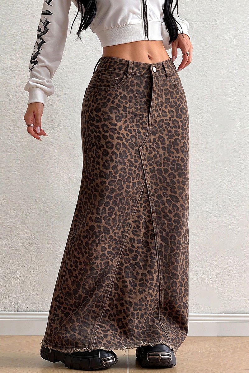 Leopard Print High-Waist Maxi Denim Skirt